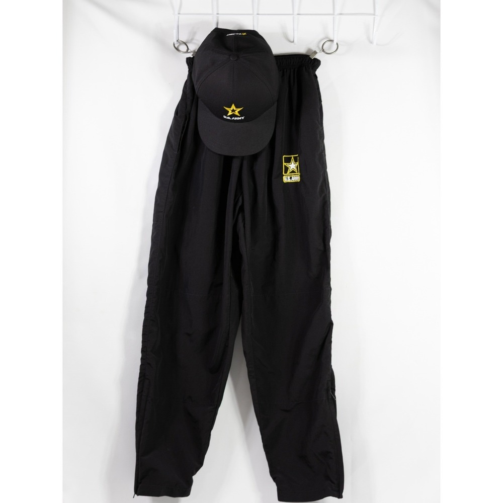 US Army Skilcraft Black Nylon Track Pants and Baseball Hat Set Mens Small
